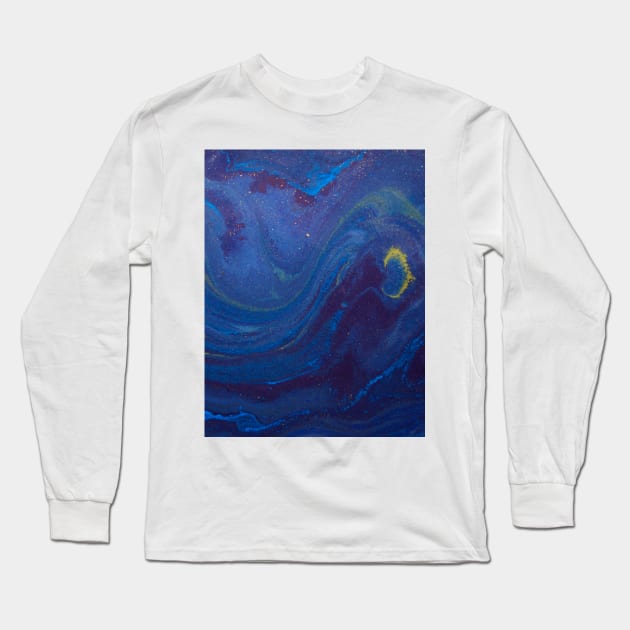 Navy Blue Starry Night Watercolor Painting Long Sleeve T-Shirt by NewburyBoutique